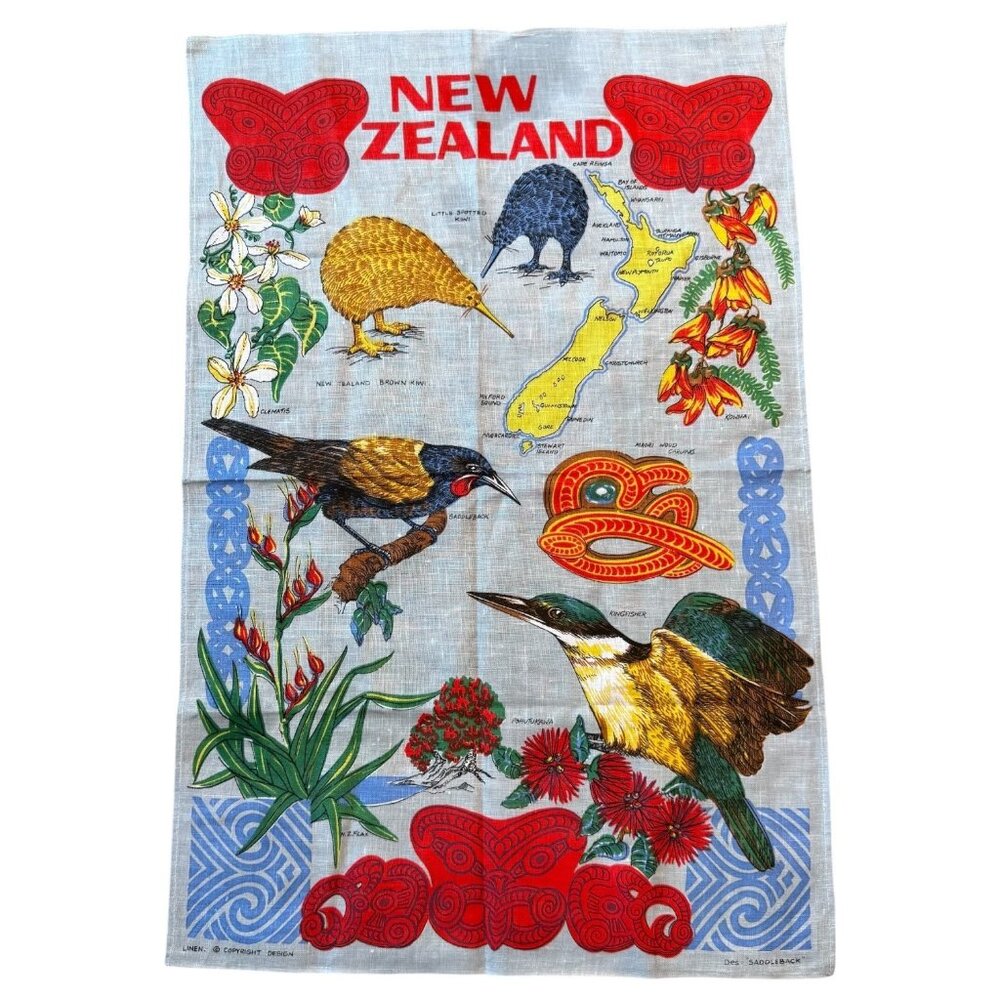 VTG Unused New Zealand Linen Tea Towel Birds Flowers Map Design Souvenir Retro
